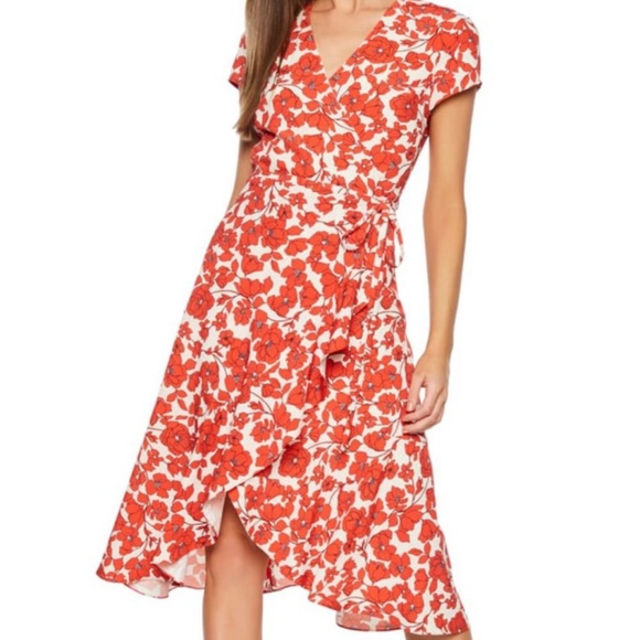 Bardot Dresses & Skirts - Bardot Women's Fiesta Floral Faux Wrap Short Sleeve Dress in Red Size 6